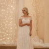 simple lace bridal dress, flat lace, off the shoulder straps, shimmery, crepe and lace