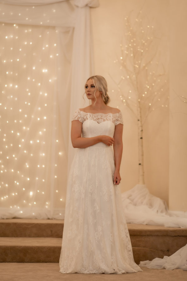 simple lace bridal dress, flat lace, off the shoulder straps, shimmery, crepe and lace