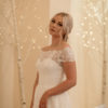 simple lace bridal dress, flat lace, off the shoulder straps, shimmery, crepe and lace