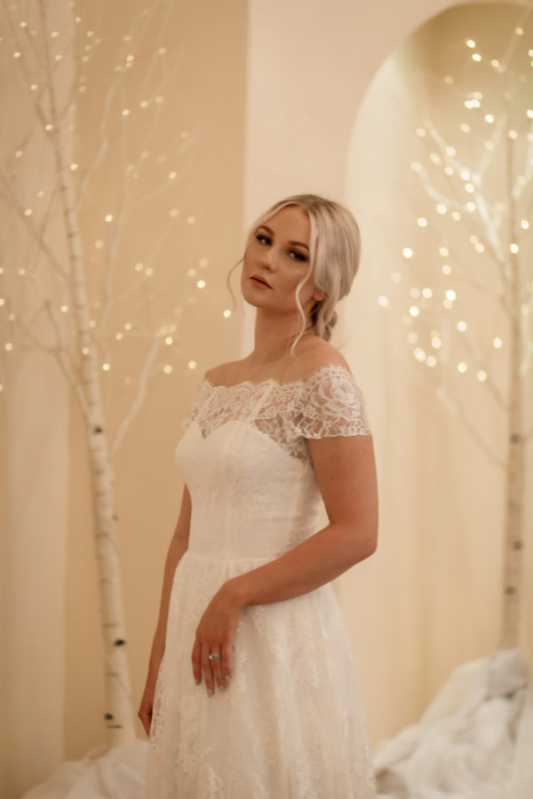 simple lace bridal dress, flat lace, off the shoulder straps, shimmery, crepe and lace