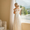 simple lace bridal dress, flat lace, off the shoulder straps, shimmery, crepe and lace