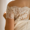 simple lace bridal dress, flat lace, off the shoulder straps, shimmery, crepe and lace