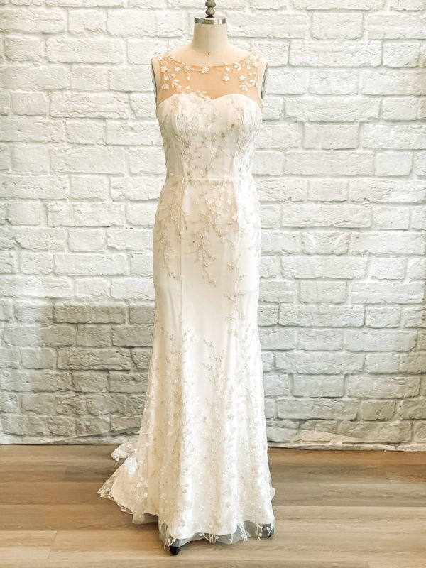 vintage wedding gown, champagne lace gown, floral lace,