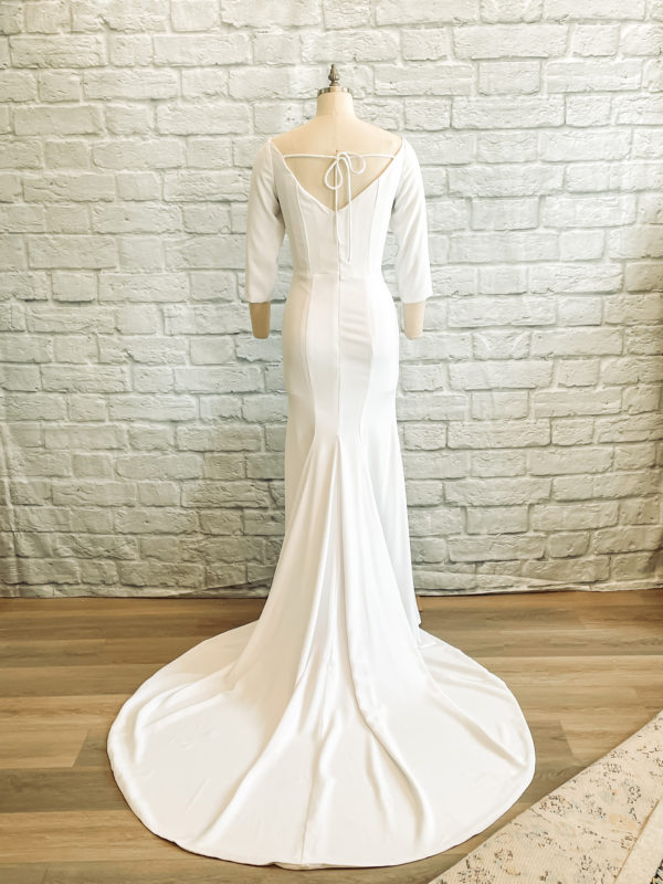 crepe fitted gown, ¾ length sleeves, simple wedding gowns, wholesale bridal, stretch crepe