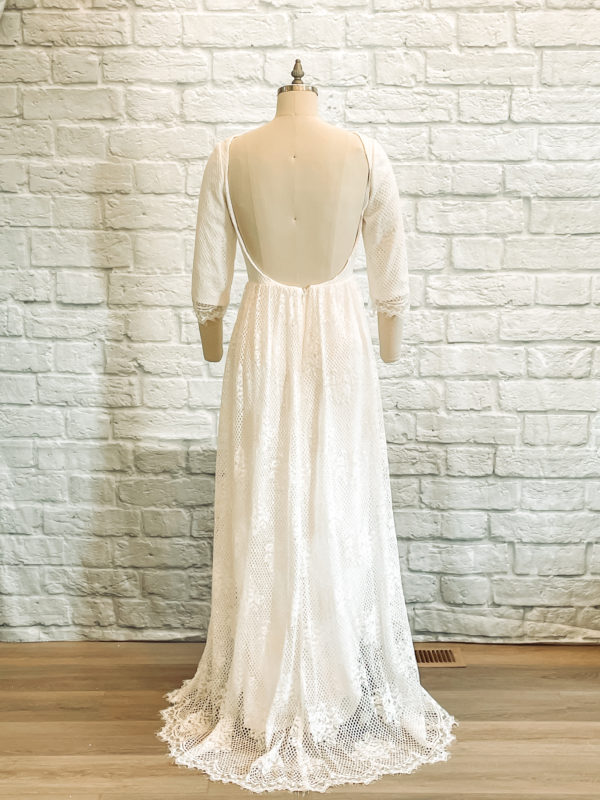 romantic wedding gown unique lace bridal gown, lattice style lace, crepe and lace, rose motifs, unique bridal