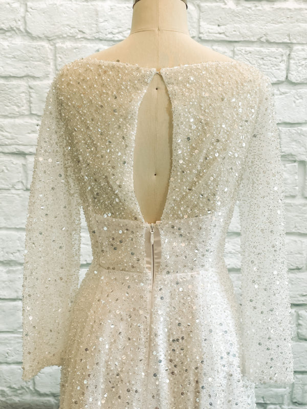 Glamorous Bridal Gown full sequined bridal gown, beaded tulle, dress with slit, sleeves with sequins, sparkly