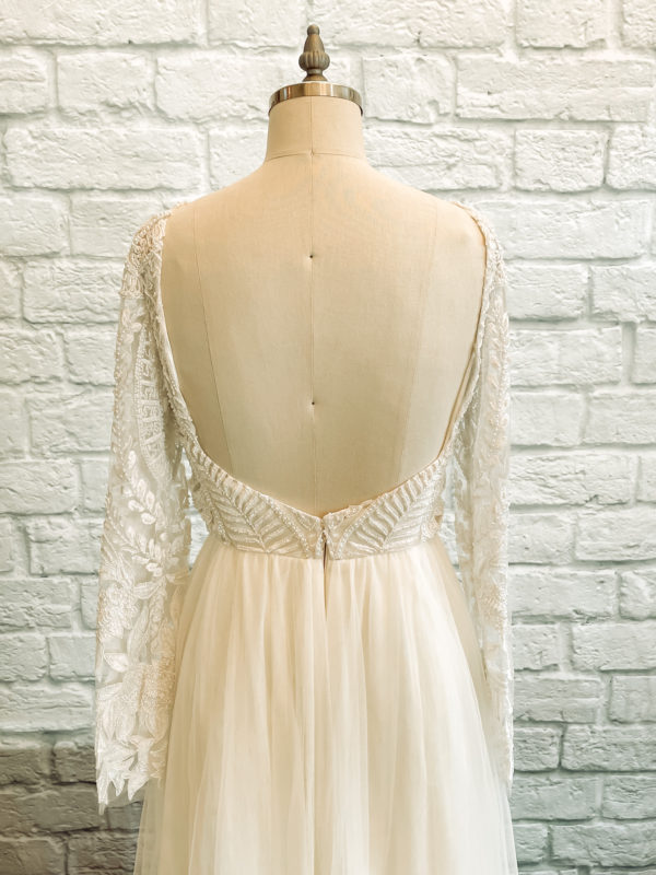 Boho bridal gown beaded a-line bridal gown, lace and tulle, wholesale wedding dress, long lace sleeves, simple lace dress