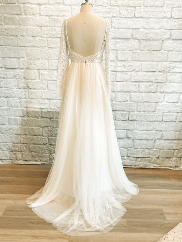 Boho bridal gown beaded a-line bridal gown, lace and tulle, wholesale wedding dress, long lace sleeves, simple lace dress