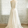 A line with slit, key hole back, sweetheart bridal neckline, beaded lace bodice, ivory beaded lace skirt,