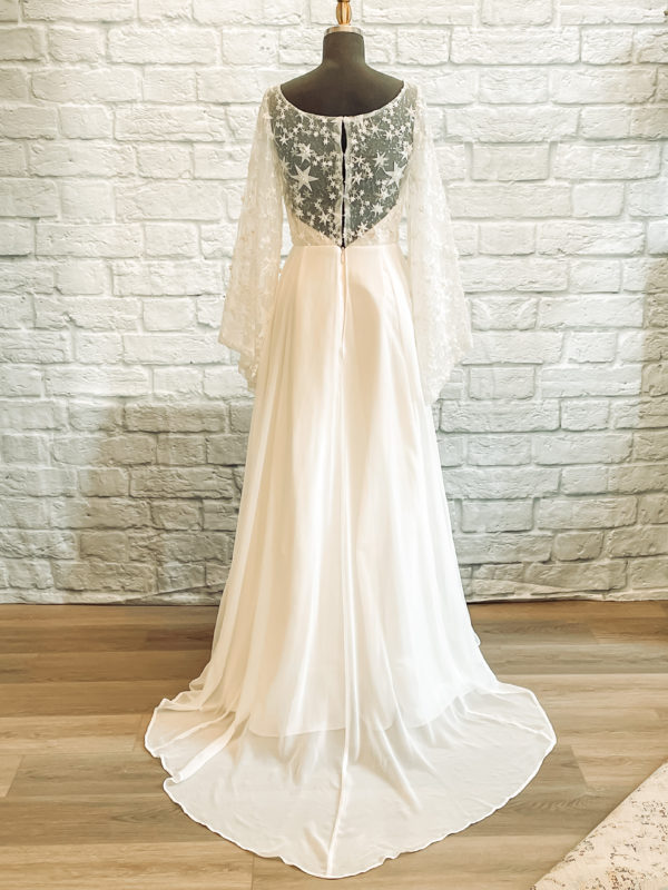 star lace bridal gown, new bridal gown, star lace, chiffon skirt, chiffon and lace