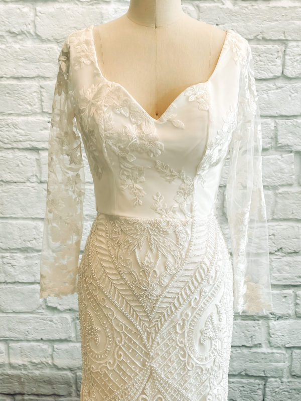 beaded wedding dress, beaded bridal gown, beaded sheath gown, long lace sleeves, full lace wedding gown