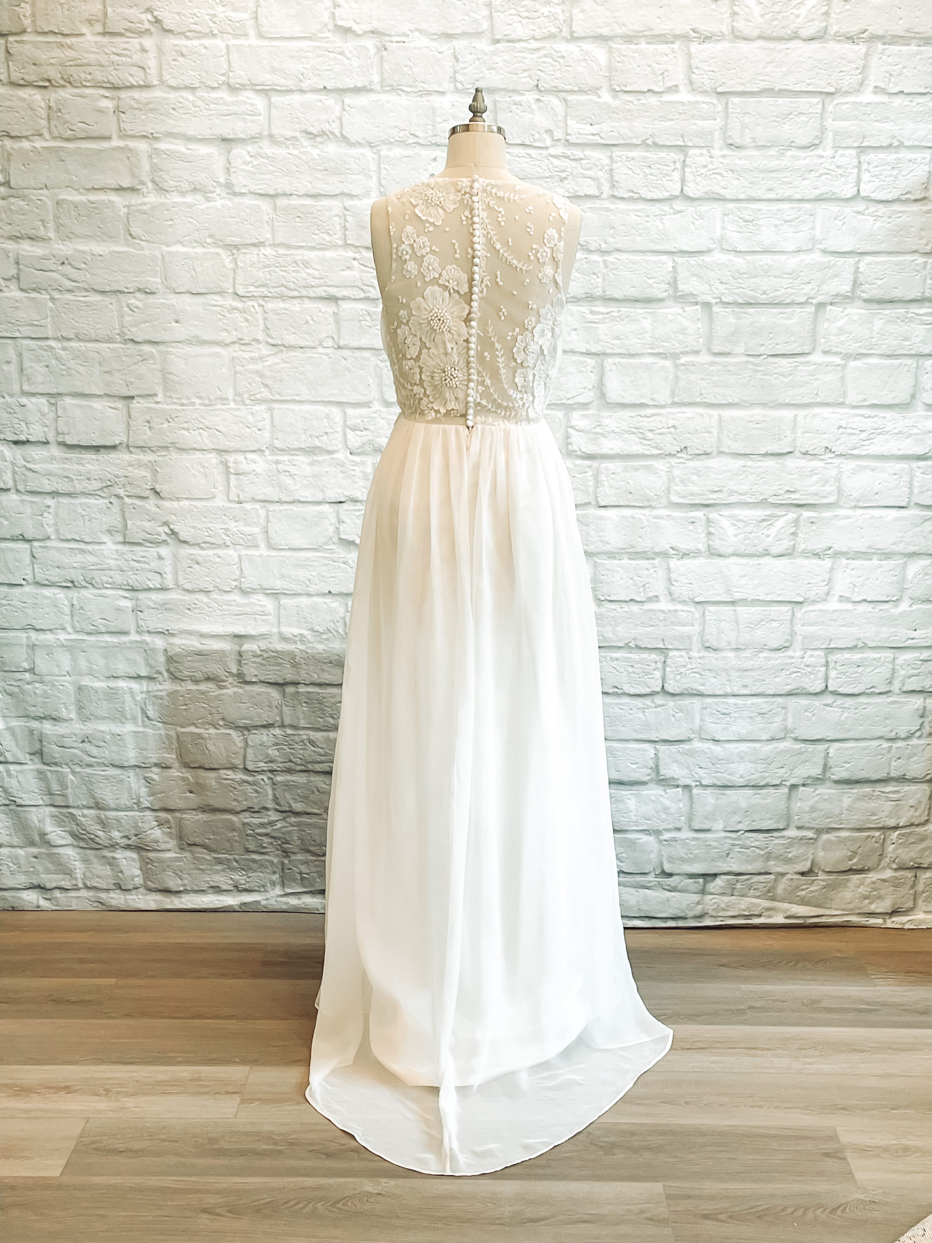 floral wedding dress, wedding dress slit, bridal gown pearls, pearl beaded, gathered chiffon aline