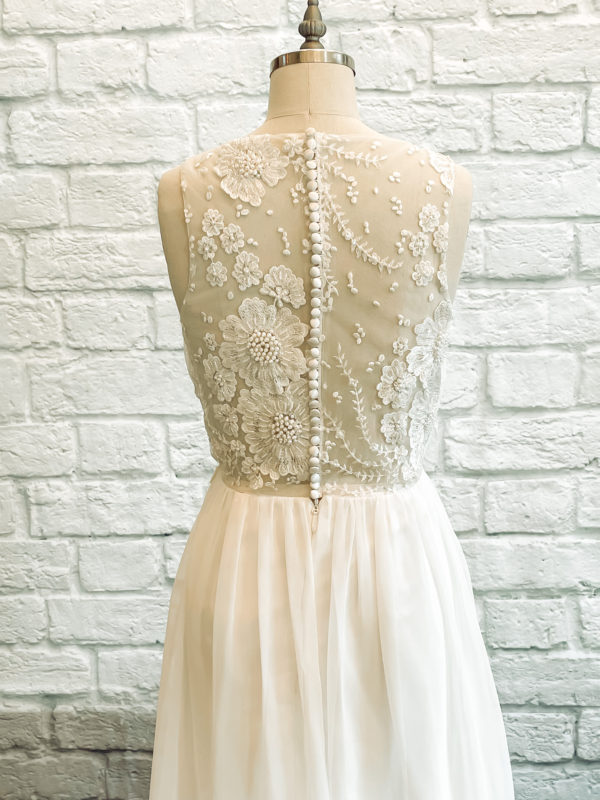 floral wedding dress, wedding dress slit, bridal gown pearls, pearl beaded, gathered chiffon aline