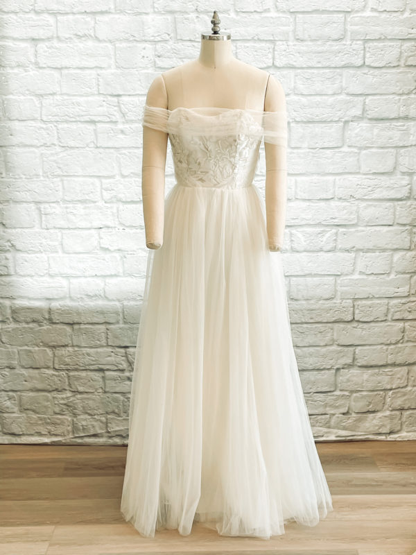 Strapless ballgown, glimmer tulle skirt, flat lace floral bodice, buttons on back wedding dress, beautiful detailed bodice,