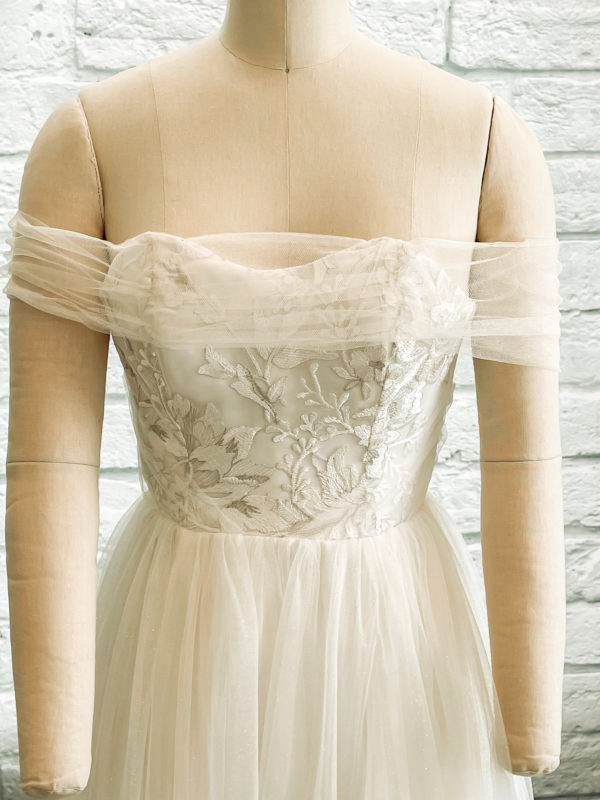 Strapless ballgown, glimmer tulle skirt, flat lace floral bodice, buttons on back wedding dress, beautiful detailed bodice,