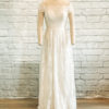 simple lace bridal dress, flat lace, off the shoulder straps, shimmery, crepe and lace