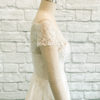 simple lace bridal dress, flat lace, off the shoulder straps, shimmery, crepe and lace