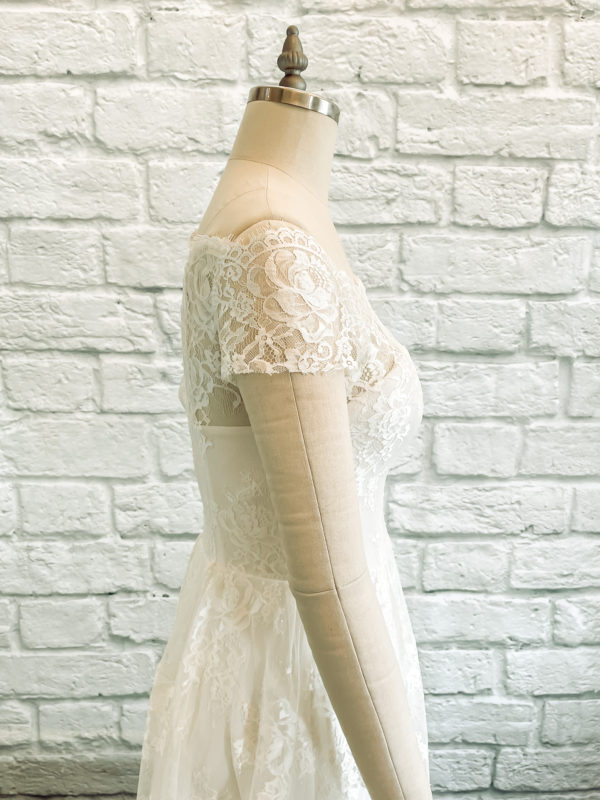 simple lace bridal dress, flat lace, off the shoulder straps, shimmery, crepe and lace