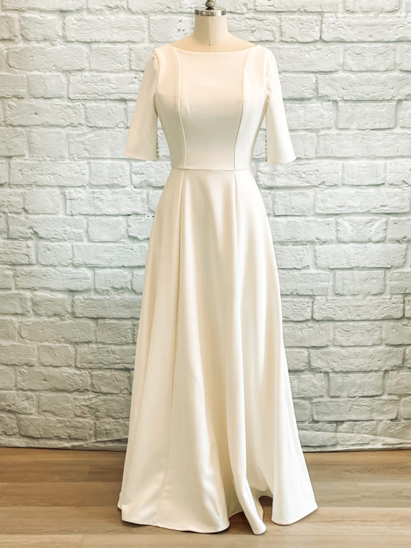 satin scoop back dress, satin dress with sleeves, sleeves with buttons, full satin wedding dress, modest satin dress,