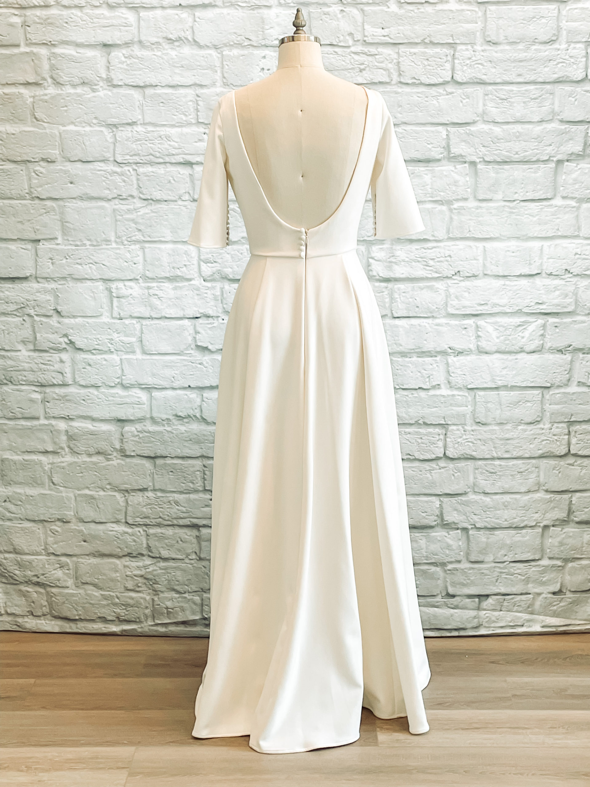 satin scoop back dress, satin dress with sleeves, sleeves with buttons, full satin wedding dress, modest satin dress,