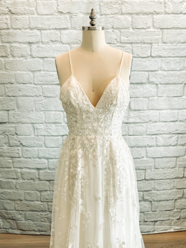 Beaded lace wedding dress, dress with pockets, back straps dress, spaghetti straps dress, beaded lace a line dress,