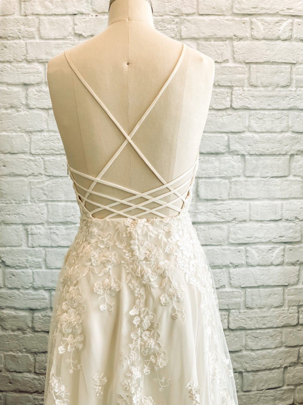 Beaded lace wedding dress, dress with pockets, back straps dress, spaghetti straps dress, beaded lace a line dress,