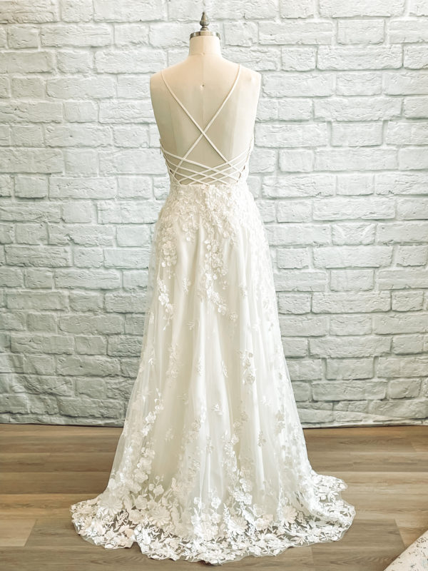 Beaded lace wedding dress, dress with pockets, back straps dress, spaghetti straps dress, beaded lace a line dress,