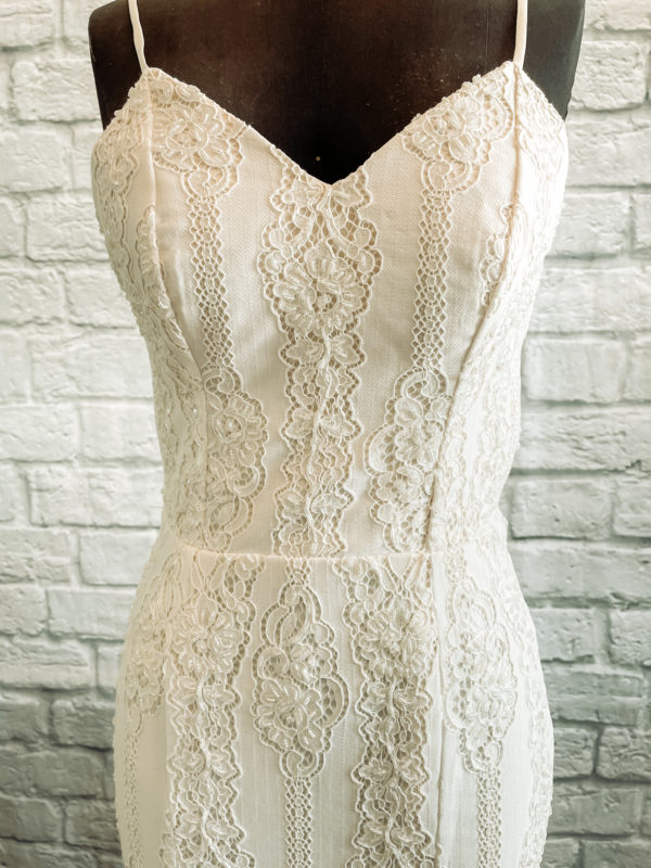 embroidered lace fitted gown, lace up back, beads, fitted, lace