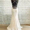 embroidered lace fitted gown, lace up back, beads, fitted, lace