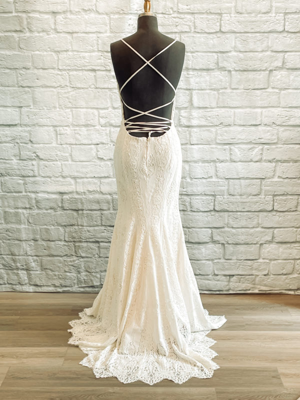 embroidered lace fitted gown, lace up back, beads, fitted, lace